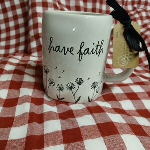 Rae Dunn White Ceramic Mug with Black Script & Floral Design